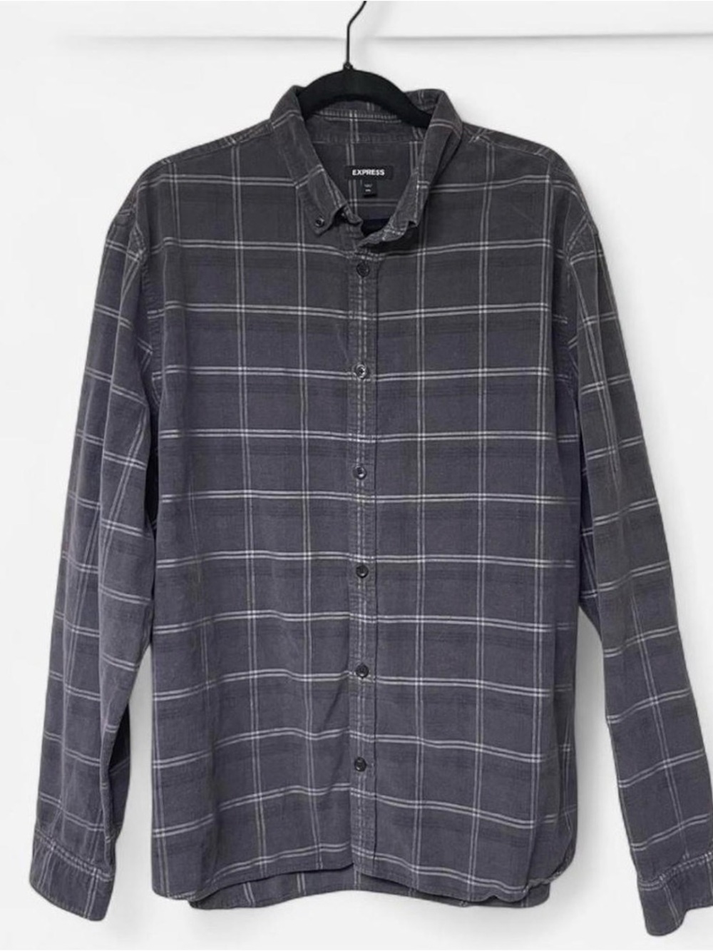 Express Men's Gray Plaid Button-Up Shirt corduroy 100% cotton 2XL EUC